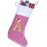 20 Inches Monogram Christmas Stockings with Letters, Large Super Soft Christmas Stockings Pink Velvet with White Super Soft Plush Cuff for Xmas Tree Holiday Fireplace Gold Letter A
