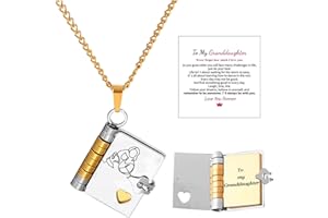 Book Necklace for Granddaughter Gifts from Grandma Nana Grandpa Adjustable Heart Locket Pendant Engraved Message Silver Gold 
