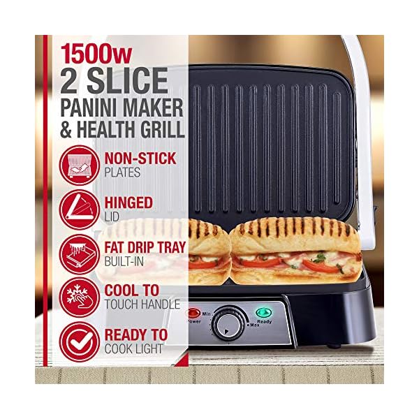 NETTA-Panini-Maker-Health-Grill-Sandwich-Toaster-Panini-Press-2-Slice-Non-Stick-Grill-Plates-1500W-Stainless-Steel NETTA Panini Maker & Health Grill - Sandwich Toaster, Panini Press - 2 Slice Non-Stick Grill Plates – Built-In Fat Tray…