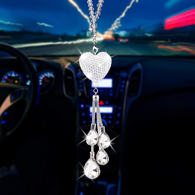 AEEIX Bling White Heart Diamond Car Accessories,Crystal Car