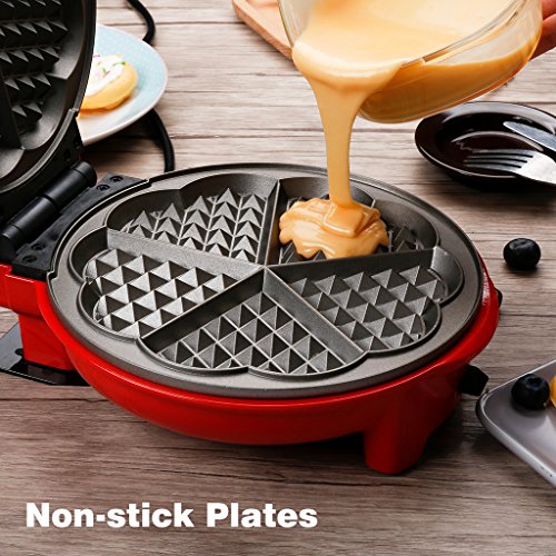 Finether Mini 3-in-1 Non-Stick Snack Maker, Aluminum Multi-Plate Waffle Iron for Donuts Heart-Shaped Waffles Cartoon Cakes, Adjustable Temperature, Easy to Clean, Cord Wrap & Cool Touch Handle, Red - Thumbnail 5