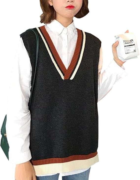 Amazon Yuyo レディース ニット ベスト 通学 ゆったり 無地 Vネック ニットセーター ノースリーブ 通勤 ベスト チョッキ 制服 学院風 秋 冬 トップス おしゃれ 可愛い 大きいサイズ 韓国ファッション ベスト 通販
