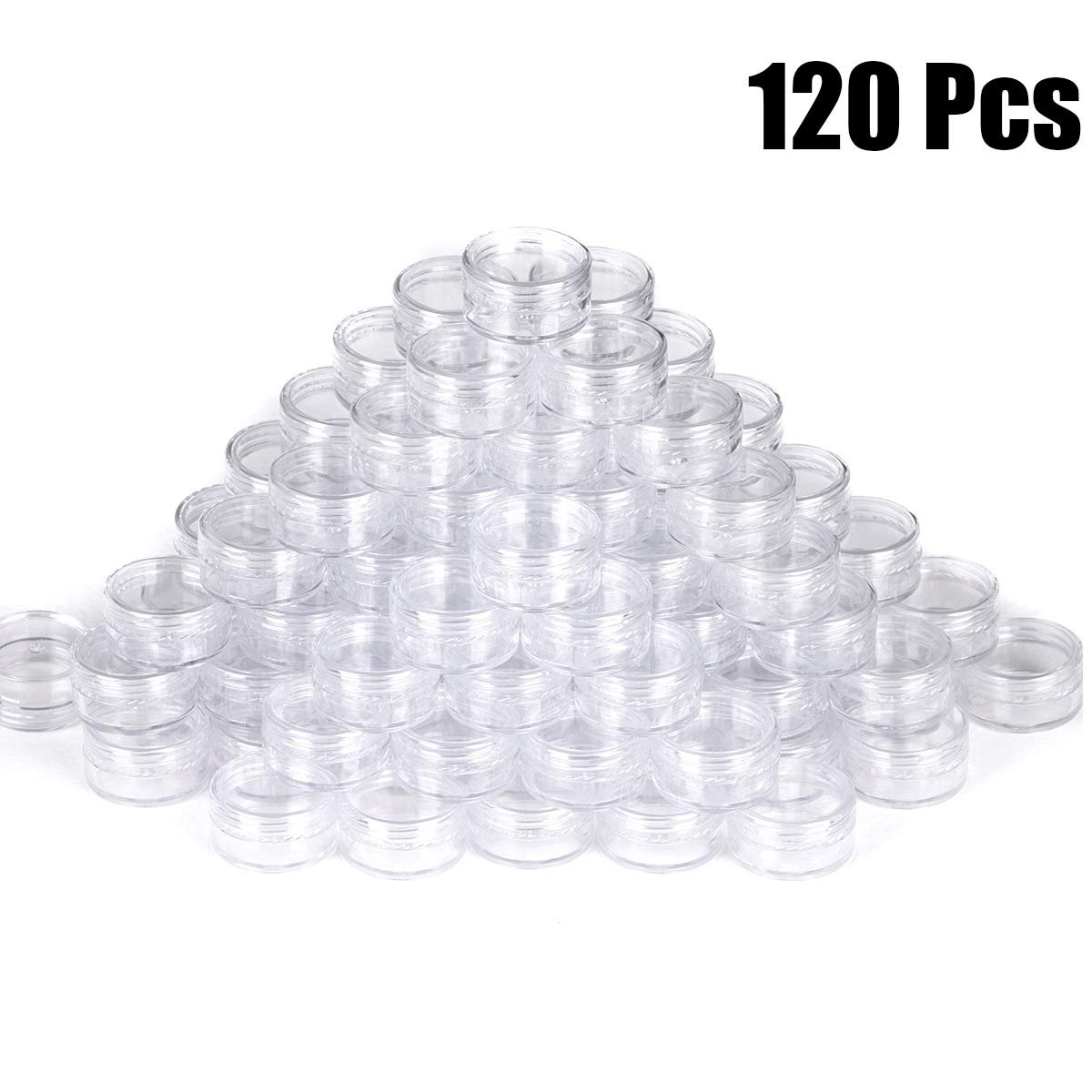 120 PCs 5 Gram Empty Plastic Cosmetic Samples Container for Make Up, Eye Shadow, Nails, Powder, Gems, Beads, Jewelry, Cream Small Clear Pot Jars with Lid : Beauty