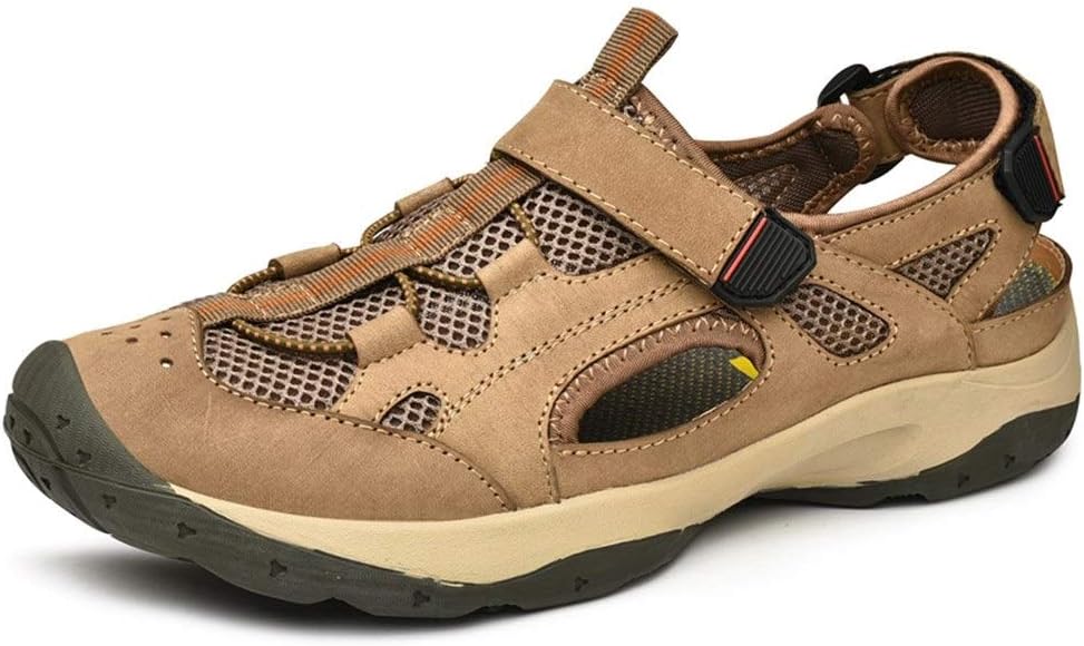 JYEMDV Outdoor Sandals Men's Mesh Breathable Heel Velcro Closed Woodland Shoes Comfortable Breathable Fashion Shoes Fisherman Shoes (Color : Khaki, Size : 9.5 M US)