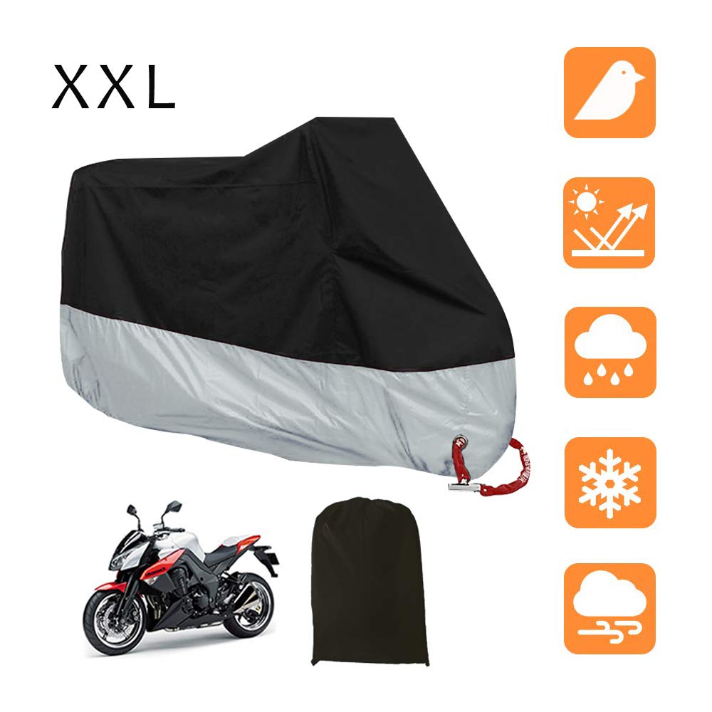 LucaSng Funda Protector para Moto 190T,Cubierta para Moto,Protección UV, Impermeable, berberecho a Prueba de Polvo, Anti-deciduo XXL (245X105X125cm) Negro/Plata