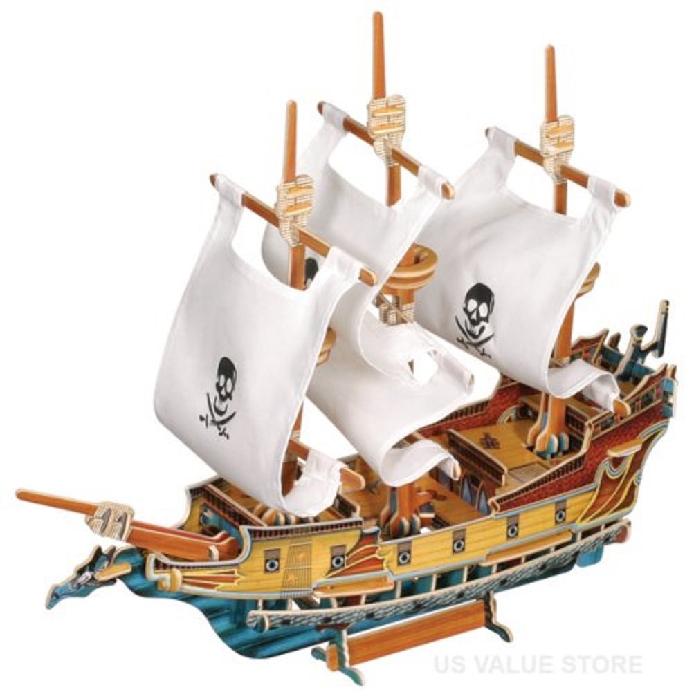 Pirate Ship Wooden 3D Model Ship White Sail by Toysmith