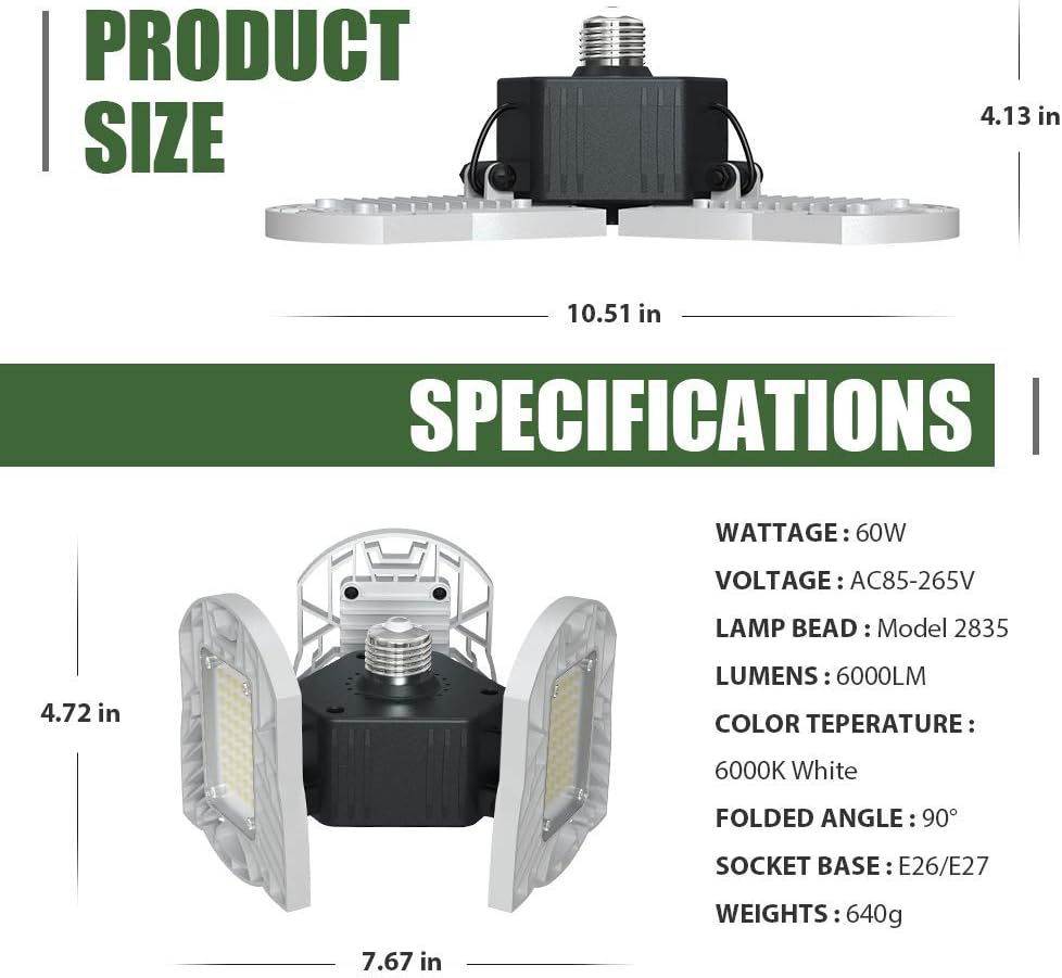 2-Pack LED Garage Lights E26/E27 60W Panels Adjustable Trilights Garage Lights 6000lm Ceiling Light for Workshop Warehouse (No Motion Activate): Home Improvement