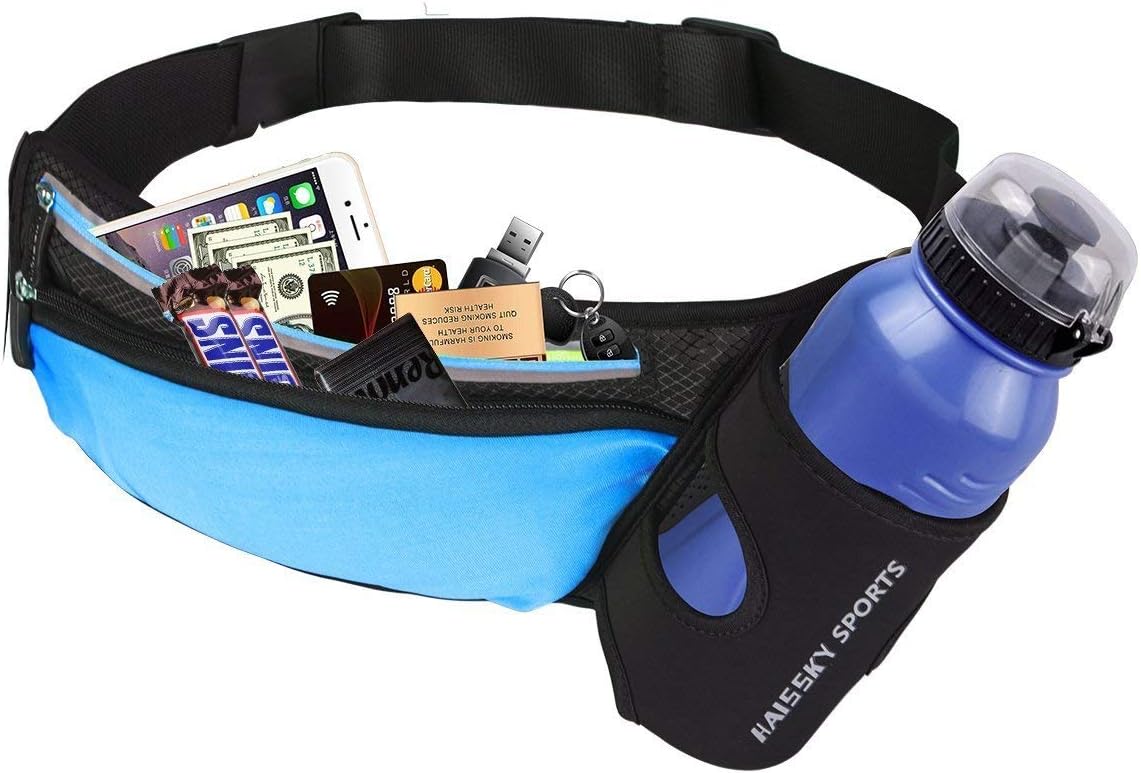 HAISSKY Running Waist Belt with Water Bottle Holder, Waterproof Sports Waist Pack with Reflective Strip for Jogging Running Walking Cycling Hiking Fit for Men and Women