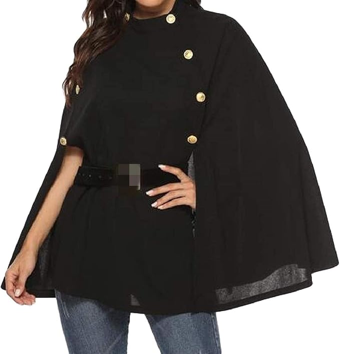 Women's Elegant Stand Collar Cape with Large Double Breasted Buttons