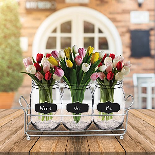 3-pc Mason Jar Flatware Caddies - 17 Oz. Vintage Clear Glass Utensil Organizer with Black Chalk Label on Metal Caddy with Handles - Lightweight Space-Saver Home and Party Drinkware Set