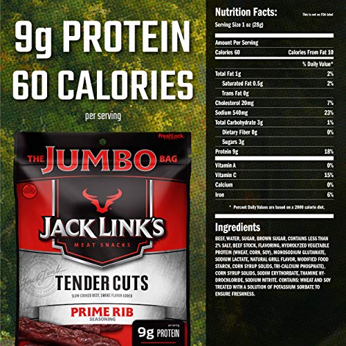 Jack Link's Prime Rib Tender Cuts, Original, 5.6 oz. Sharing Size Bag - Beef Snack with 9g of Protein and 60 Calories, Made with 100% Beef, 96% Fat Free