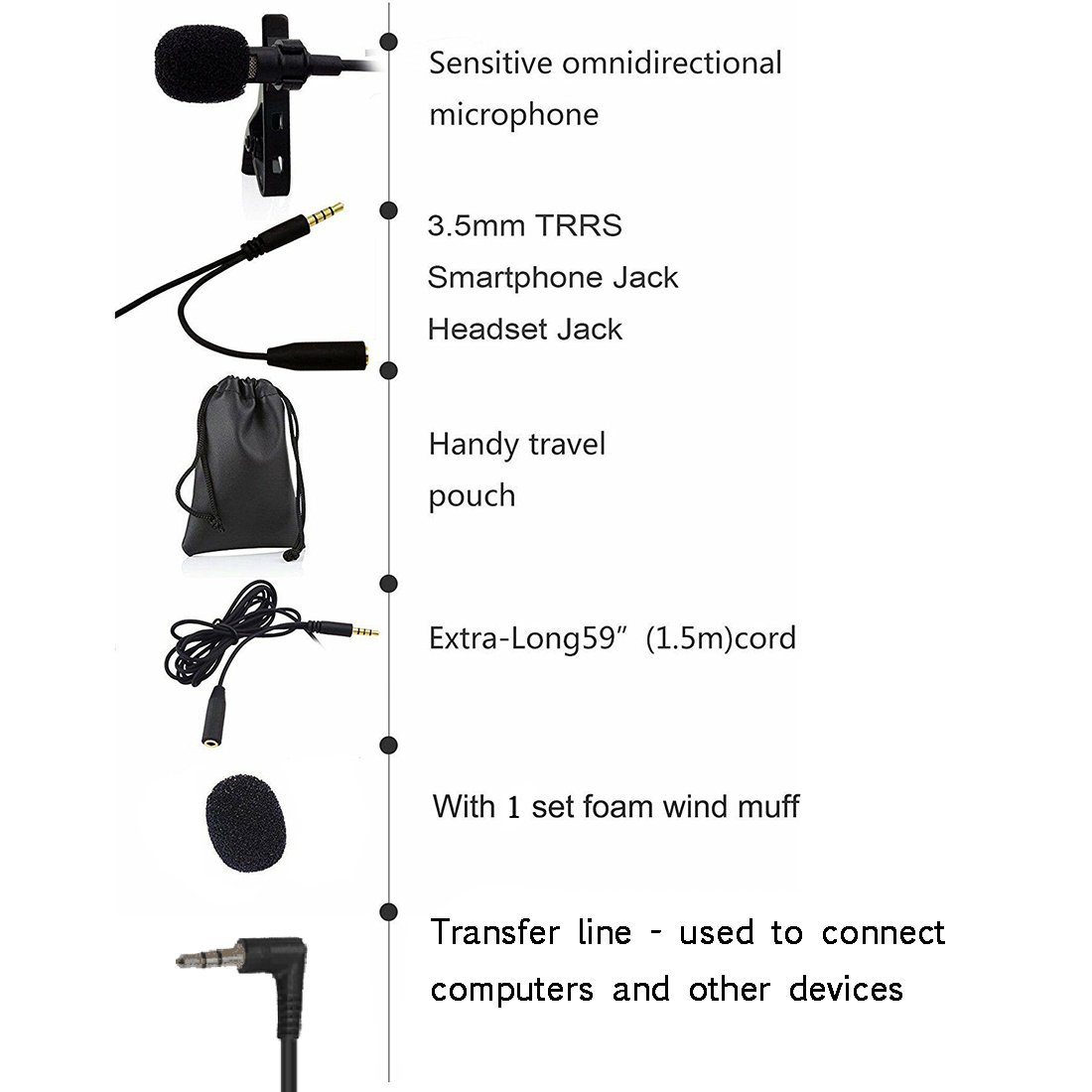 KAMLE Professional Design Lavalier Microphone with Connect Headset & Omnidirectional Mic for iPhone Android & ALL Smartphones,PC,Laptop,Youtube,Interview,Studio,Video Recording,Noise Cancelling Mic