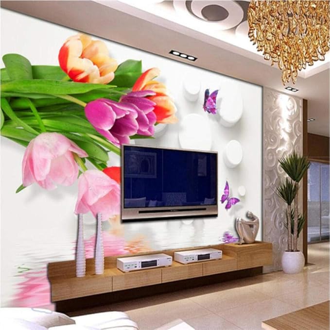 Mmneb Fresko-Tapete, verschiedene Größen, 3D-Tulpen, Schmetterlinge