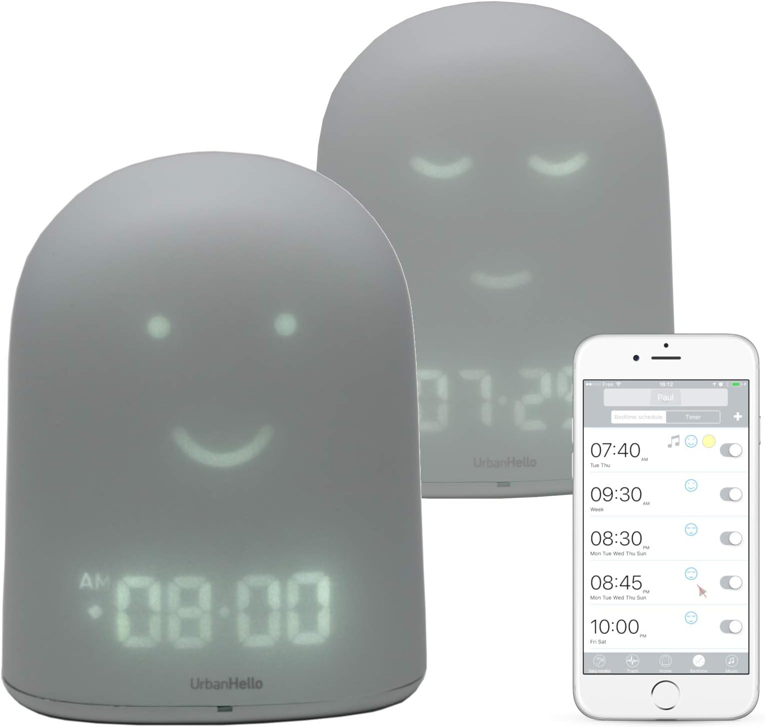 UrbanHello REMI - 5-in-1 Toddler Sleep Trainer & Audio Baby Monitor - Night Light & Music - Bluetooth Speaker - Children Sleep Tracker - Sleep Training Clock - Light Grey Color