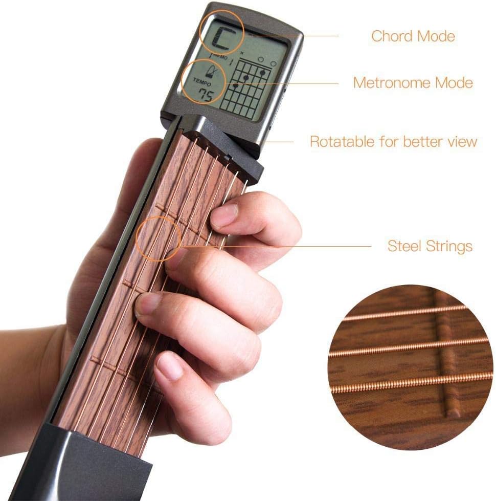 Ultimate Pocket Digital Handy Guitar Chord Trainer, Mini 6 Fret with a Rotatable Chords Chart Screen for Beginner Practice Tool (Black)