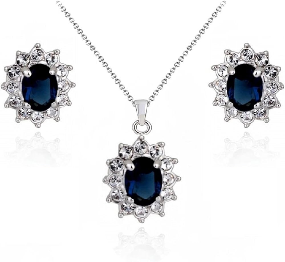 Crystalline Azuria Women 18ct White Gold Plated Ellipse Blue Simulated Sapphire Zirconia Crystals Set Pendant Necklace 17.7 inches Earrings