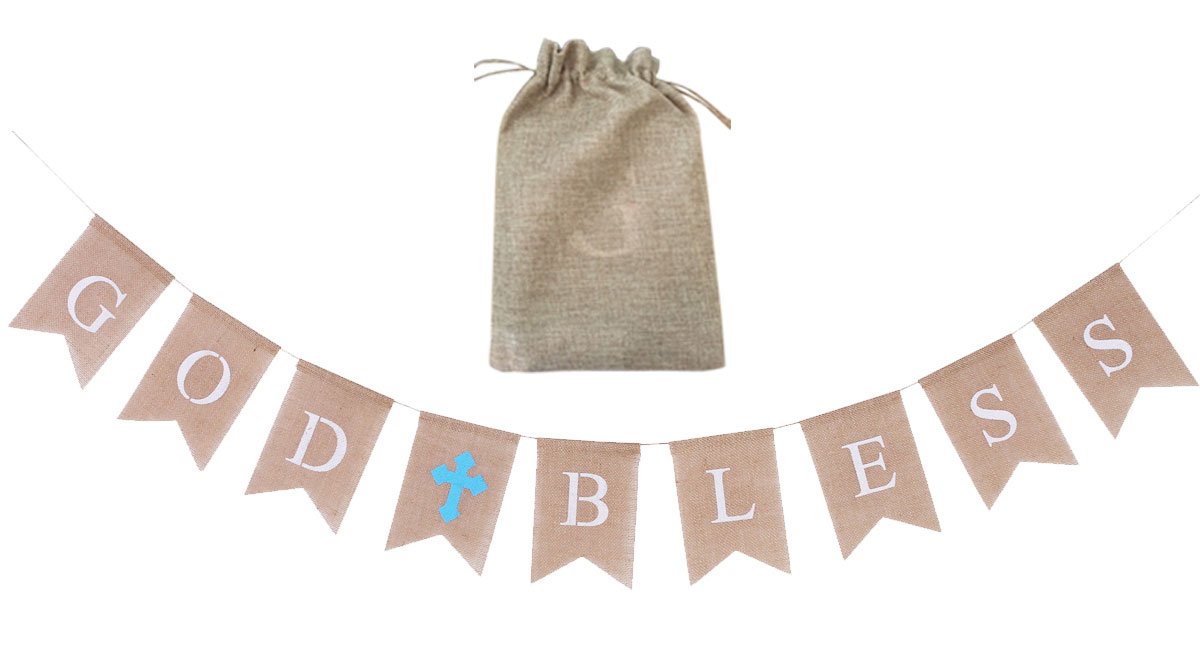 Burlap Communion Party Banner, Baptisim Christening Decoration God Bless Banner, Swallow-Tailed DIY Decoration for Wedding, Baby Shower Party (Blue)