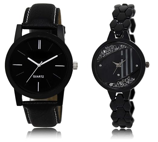 Analouge Round Black Dial Leather & Chain Belt Mens Women Watch Combo -(LR05_221)