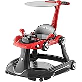 HAWEEK Baby Walker with Wheels, 7-in-1 Foldable Baby Walkers for Boys Girls 6-12 Months with Feeding Tray & Music, Lights,Rocker,Sun Canopy, Bouncing Pedal, Adjustable Wheel Speed, Push Walker (Red)