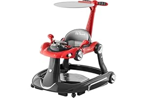 HAWEEK Baby Walker with Wheels, 6-in-1 Baby Walkers for Boys Girls 6-12 Months with Feeding Tray & Music, Sun Canopy, Bouncing Pedal, Adjustable Wheel Speed, Push Walker 7-18 Months (Red)