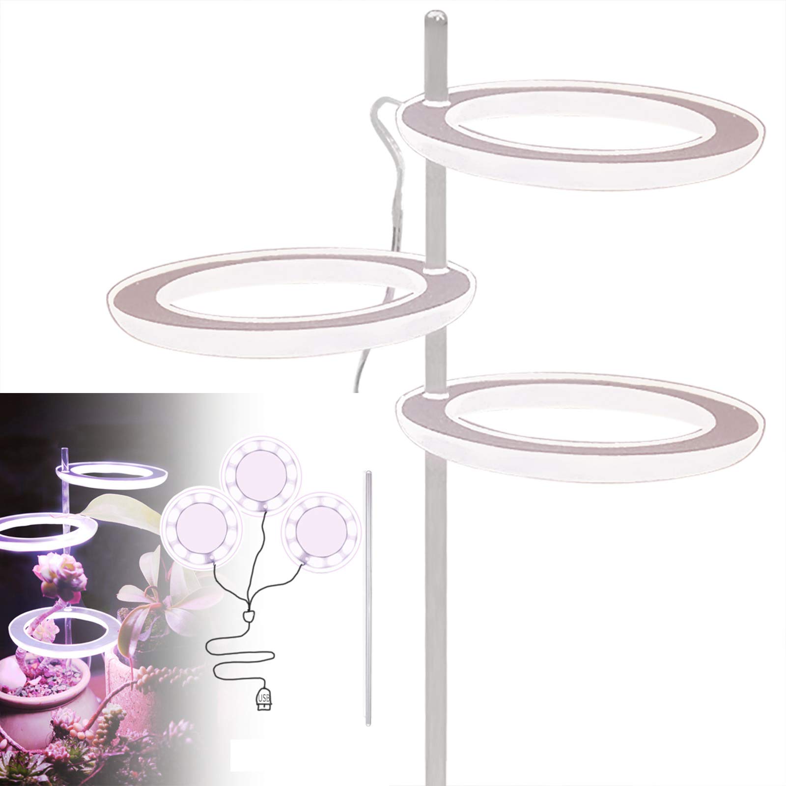 STOYRB Plant Grow Light, Led Growing Light Full Spectrum Phyto Grow Lamp for Indoor Plants, Grow Lamp with Switch and USB Charging Port, 3 Head, White