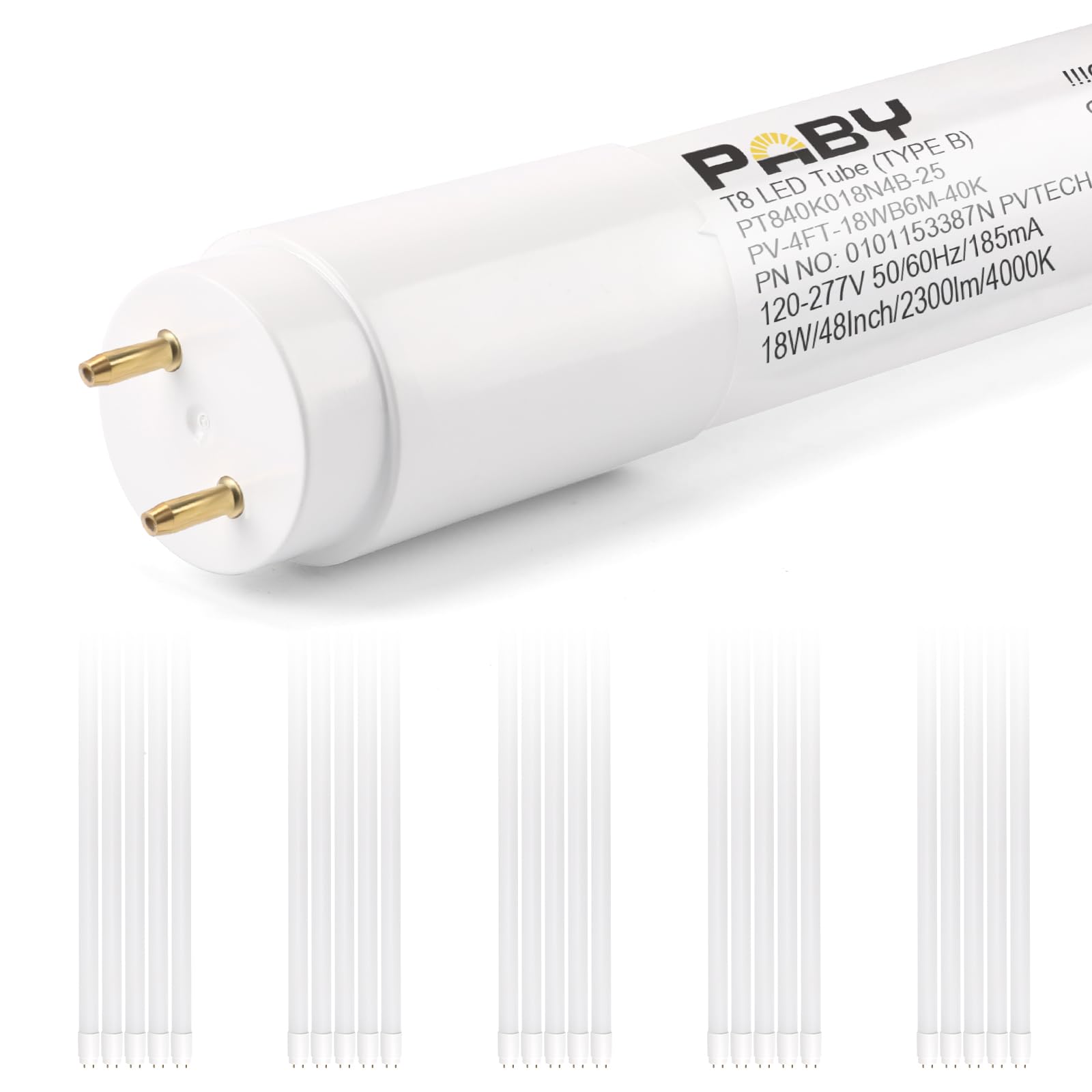 Paby 25 Pack T8 LED 4FT Type B Tube Light, 18W