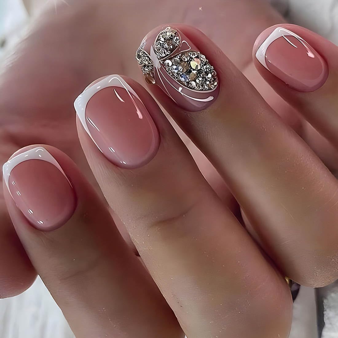 Cubahop 24pcs French Short Square Fake Nails Nude Pink Flower False Nails Rhinestone Butterfly Press on Nails for Women and Girls (Red 2)