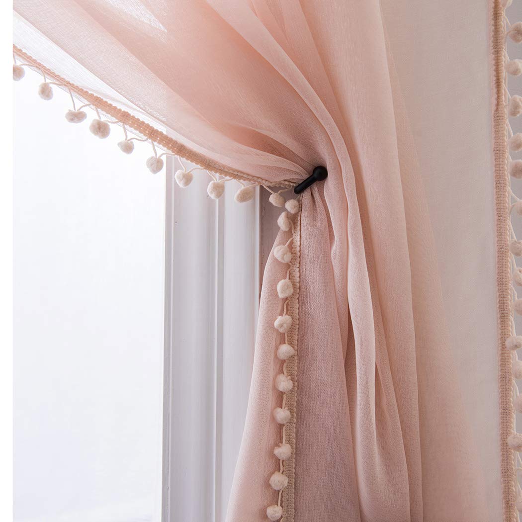 MISS SELECTEX Linen Look Pom Pom Tasseled Sheer Curtains - Rod Pocket Voile Semi-Sheer Curtains for Living and Bedroom, Set of 2 Curtain Panels (52 x 72 inch, Blush)