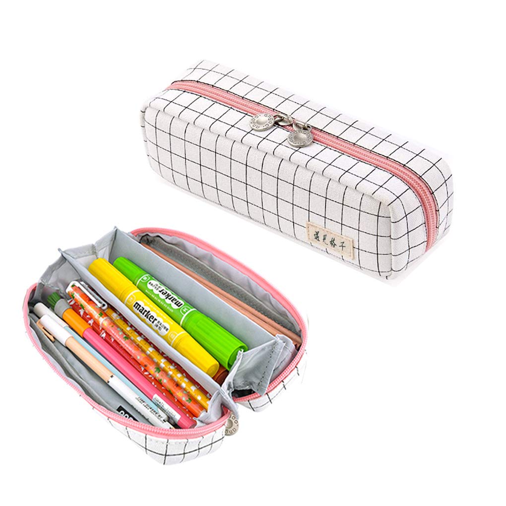 Oyachic Rectangular Pencil Case Plaid Pouch Bag Pen Holder 3 Compartments Stationery Storage Organizer Box for Teen Girls Students School Office