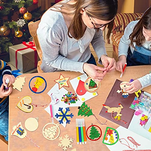 Koogel 70 Pcs Unfinished Christmas Wooden Ornaments，14 Styles Wooden Christmas Ornament Unfinished Blank Wood Slices for Decorate Christmas Tree Fireplace Windows