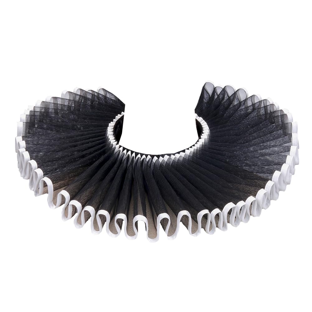 CABODYALS Black Tulle Ruffled False Collar Vintage Renaissance Elizabethan Medieval Ruff Sheer Pleated Lace Up Design Decorative Cape Clown White Neck Collars for Women Costume Party Accessory Cosplay — image 1