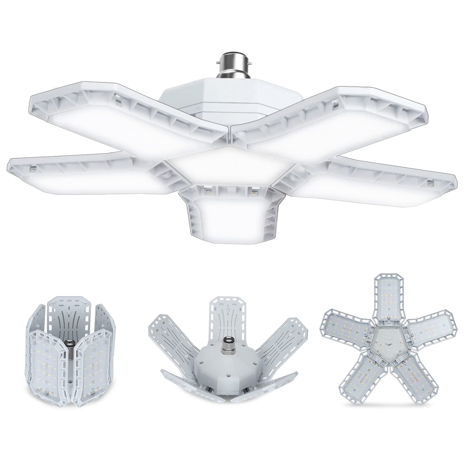 HZSANUE B22 Bayonet LED Garage Light 80W, Daylight White 6500K 9000Lm Deformable Workshop Lamp with 5 Adjustable Panels, LED Ceiling Lighting, for Garages, Basement, Warehouse Attic, Gym(Pack of 1)