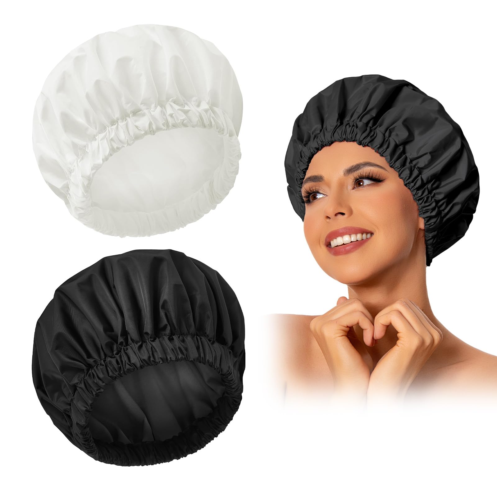 Photo 1 of Reusable Shower Cap for Women, Large Waterproof Shower Bonnet Washable Elastic Band Bath Accessories Hair Hat for Long Hair, Braids(Black&White)