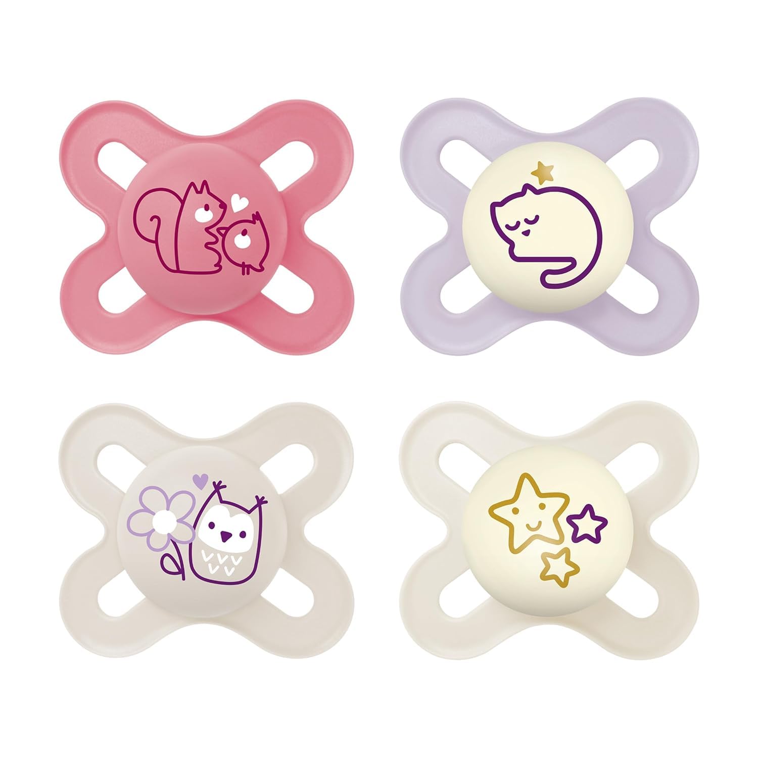 MAM Skin Soft Silicone Dummy Start Especially for Premature and Newborns Extra Small // 0-2 Months Girl //Day & Night Ppack of 4 (2+2) // Includes 2 Sterilised Transport Boxes