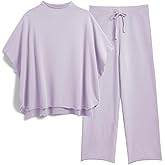 SeeLuNa Women's Two Piece Outfits 3/4 Batwing Sleeve Capelet Crew Neck Pullover Top Wide Leg Pants Lounge Set