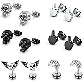 BOPREINA 6 Pairs Punk Skull Earrings for Men Women Stainless Steel Silver Black Finger Skeleton Skull Stud Earrings Rock Ear Piercing Earrings Gothic Jewelery for Halloween