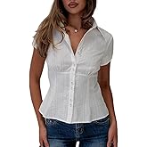 Women Y2K Button Down Shirt, Short Sleeve V-Neck Slim Fitted Blouse Coquette Going Out Top