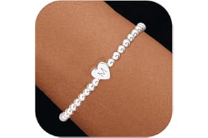 THAIVOR Beaded Bracelets for Women Dainty Heart Initial Bracelet Letter A-Z Charm Bracelet for Women Stretch Bead Ball Bracelet Trendy Jewelry Gifts