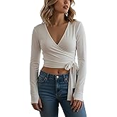 Women Cross Wrap Top Polka Dot Long Sleeve Deep V Neck Tie Workout Ballet Blouse Pilates Yoga Shirt