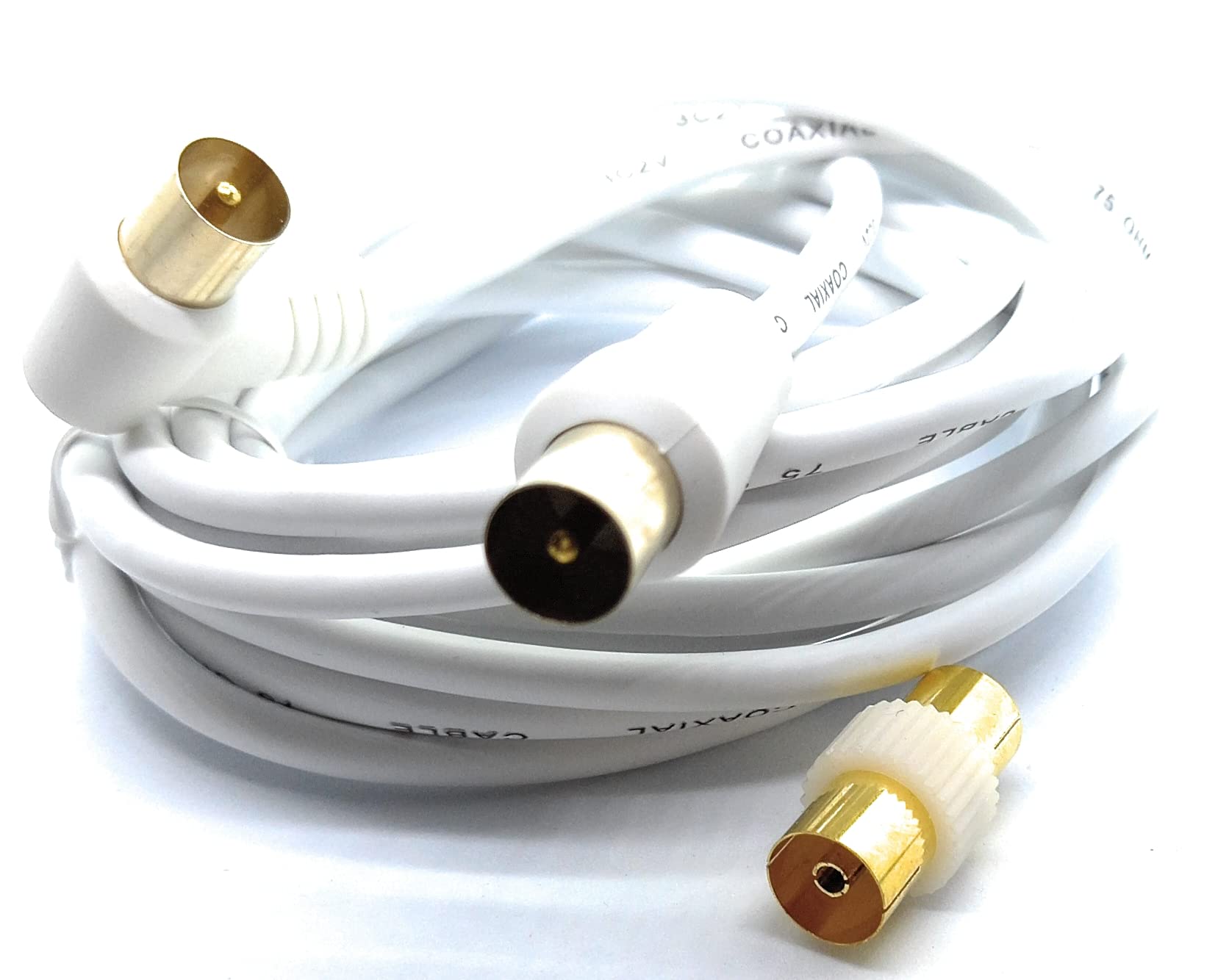 DRUT 3m TV RF Right Angle Male to Male Aerial Antenna Coaxial Cable With Female to Female Coupler Gold Connectors 75 ohm, 3C2V (10ft, White)