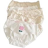 IUYASXM Cute Panties Floral Underwear Tulip Lace Trim Bow Kawaii Soft Sweet Schoolgirl 5-Pack Women Girls Teens Briefs