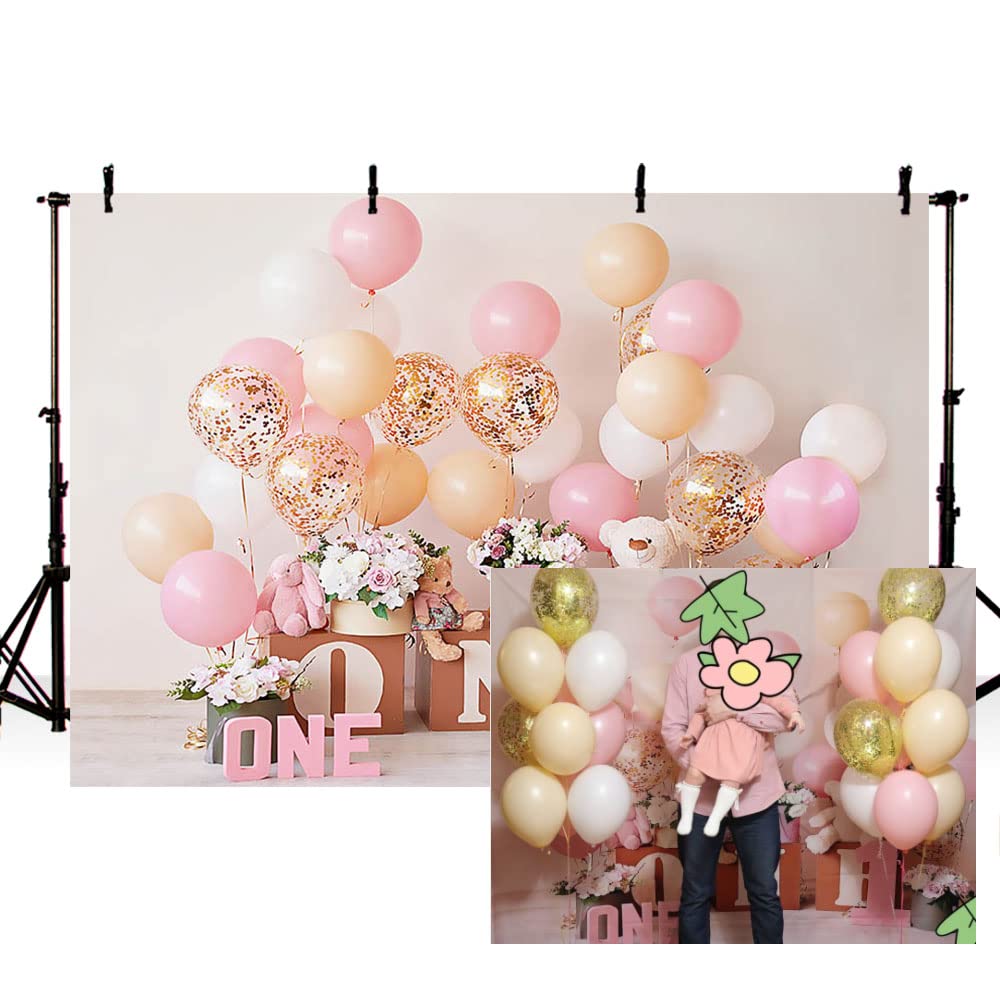 MEHOFOTO 7x5ft Pink Gold Balloon First Birthday Party Backdrops for Baby Girl Sweet One Floral Photography Background Portrait Photo Studio Decoration Photo Banner Props Table Dessert Supplies