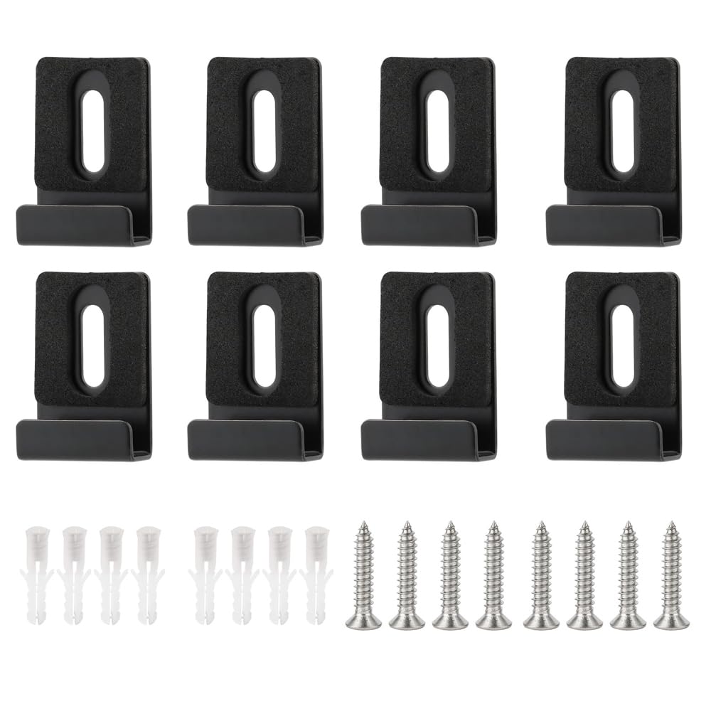 WSHAITE 8Pcs Black Metal Mirror Clips Heavy Duty Mirror Holder Frameless Retainer Clip Hooks Hanging Hardware Tile Hanger Bracket for Wall Mounting Mirror Billboard with Screws and Expansion Tube