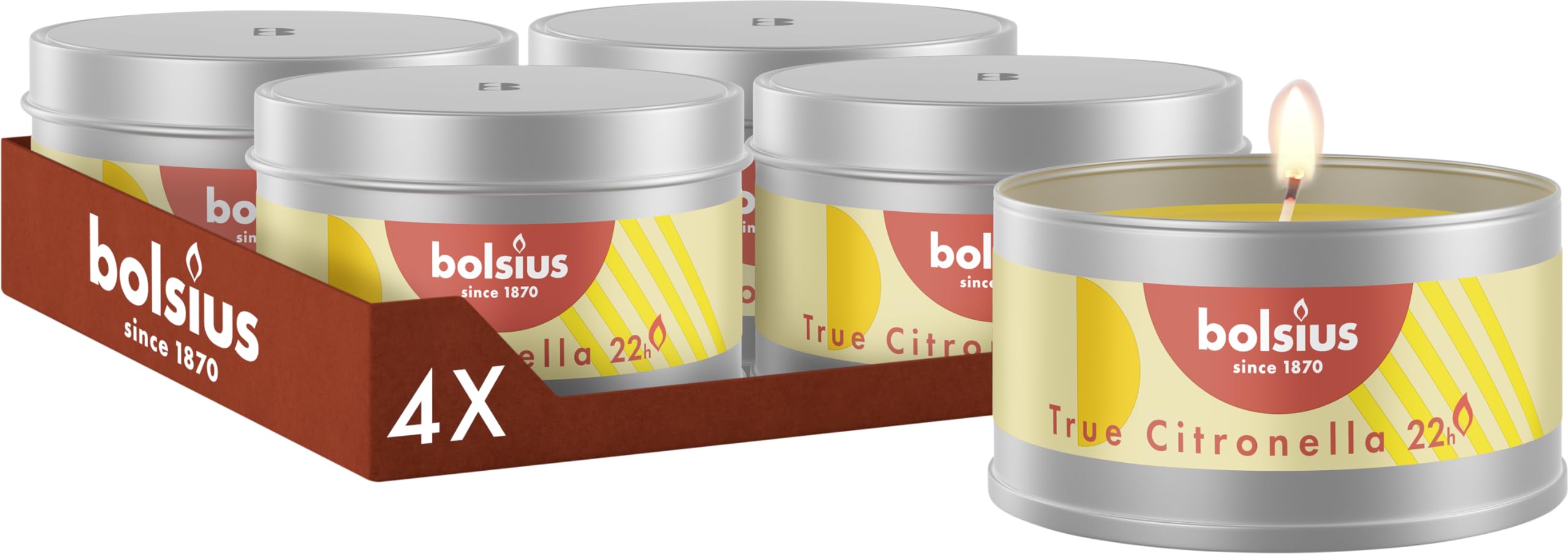 Bolsius True Citronella Outdoor Candles - Metal Tin - Pack of 4 - Citronella Fragrance - Outdoor Decoration - Burning Time of 22 Hours