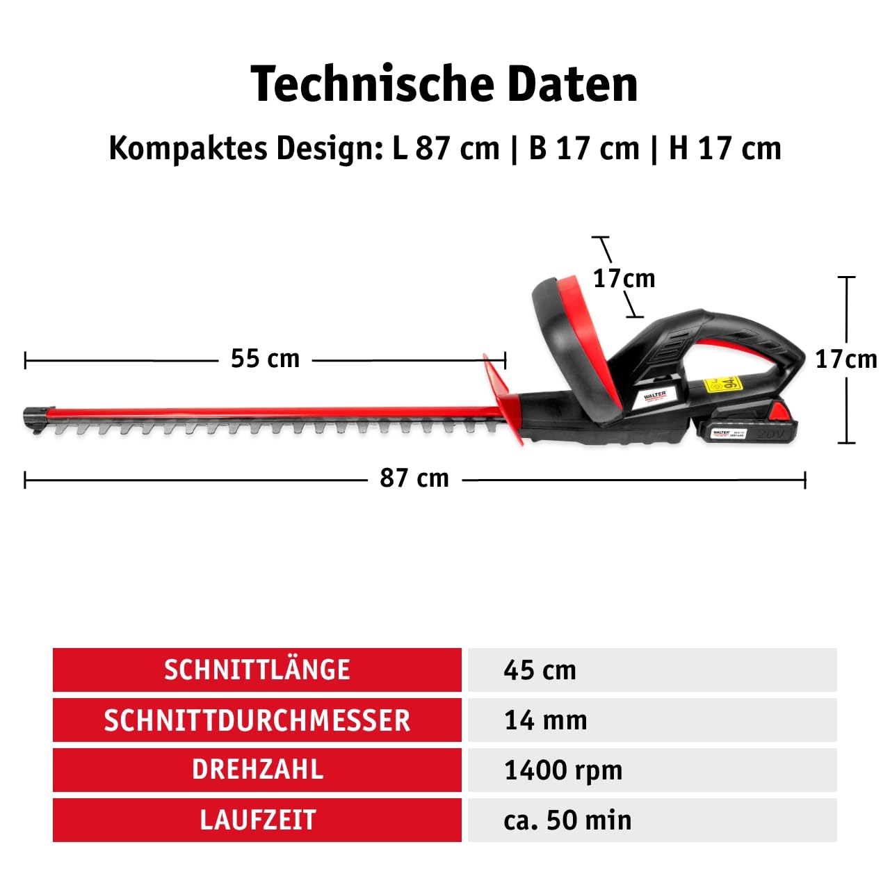 WALTER Li-Ion Akku-Heckenschere 20V, 45cm Schnittlänge, inkl. Zusatzhandgriff für Komfortables Arbeiten, schneidet präzise und ordentlich, scharfes Metall Messer, für längere Gartenarbeit geeignet 7