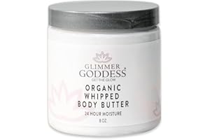 Glimmer Goddess Organic Whipped Body Butter for Women - Moisturizer Cream with Shea & Cocoa Butter, Almonds & Coconut Oil - Unscented, 8oz