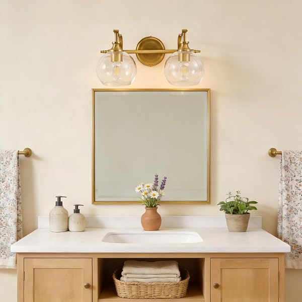 ANDY STAR GOLD BATHROOM LIGHT FIXTURES, 2-LIGHT BRASS VANITY LIGHT, MODERN SCONCES WITH GLOBE CLEAR LAMPSHADE, FARMHOUSE BATHROOM LIGHTING FIXTURES OVER MIRROR WITH METAL LAMP BODY, E26 BASE