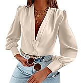 Women's Business Casual Tops Summer Long Sleeve Button Down Shirts V Neck Chiffon Blouses