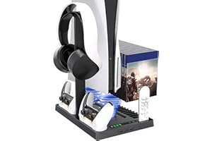 Vertical Stand Cooling Fan for, Professional Dual Controller Station, Multifunction Cooling Fan with Headphone Stand Storage 