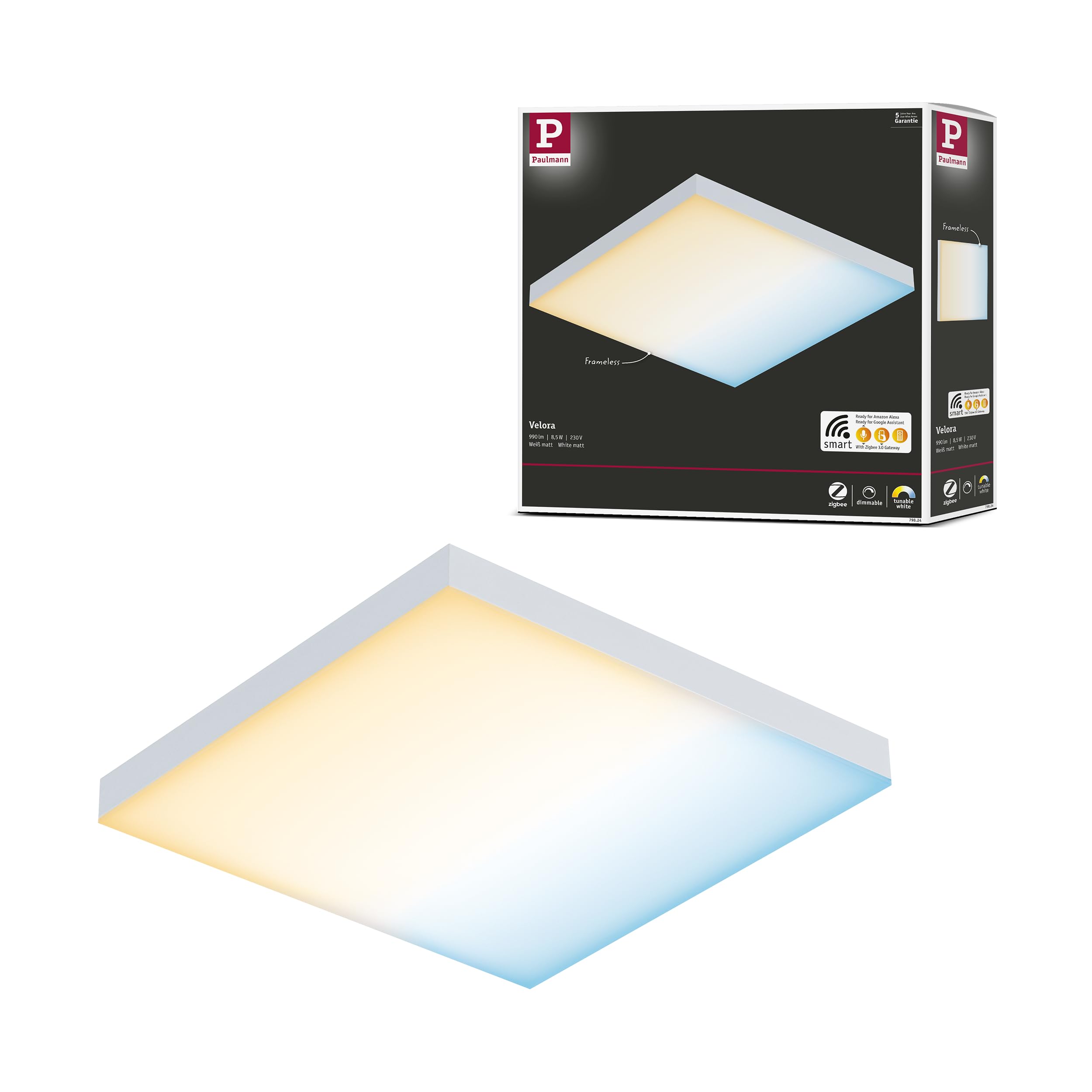 Paulmann 79824 Velora LED Panel Rectangular incl. 1x8.5 watt Ceiling lamp White matt Light Panel Metal Ceiling Light 2700 K